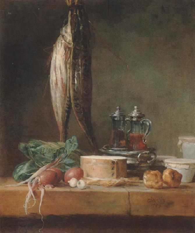 Jean Baptiste Simeon Chardin Style life with fish, Grunzeug, Gougeres shot el as well as oil and vinegar pennant on a table China oil painting art